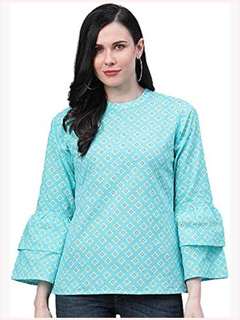 Geometric Print Cotton Tunic Top Bell Sleeves Boat Neck Casual